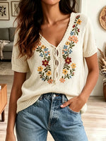 Retro Floral Embroidery Art Casual Stylish Short Sleeve Knitted Sweater