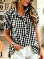 Retro Plaid Pattern Art Ruffle Casual Stylish Short Sleeve Shirt