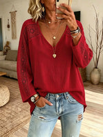 Women Solid Hollow Lace Spliced V-Neck 3/4 Sleeve Linen Blend Top