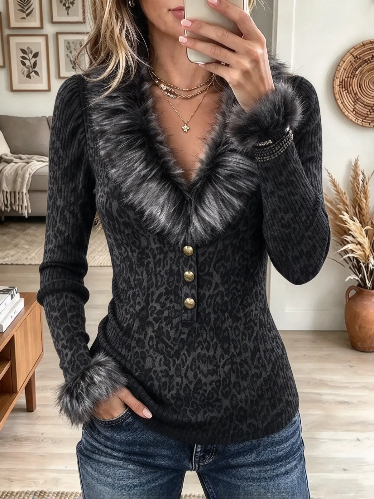 Women's Faux Fur Trim Leopard Sweater