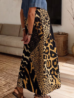 Women’s Denim Spliced Mixed Animal Print Loose Midi Dress With Pockets