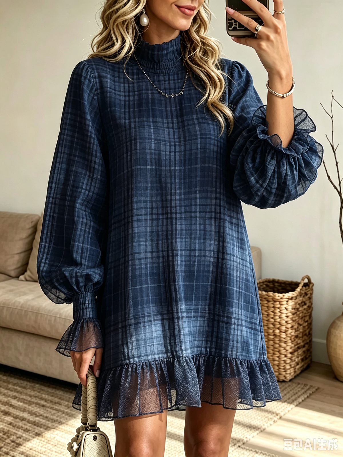 Women's Plaid Mesh Trim Mock-Neck Mini Dress