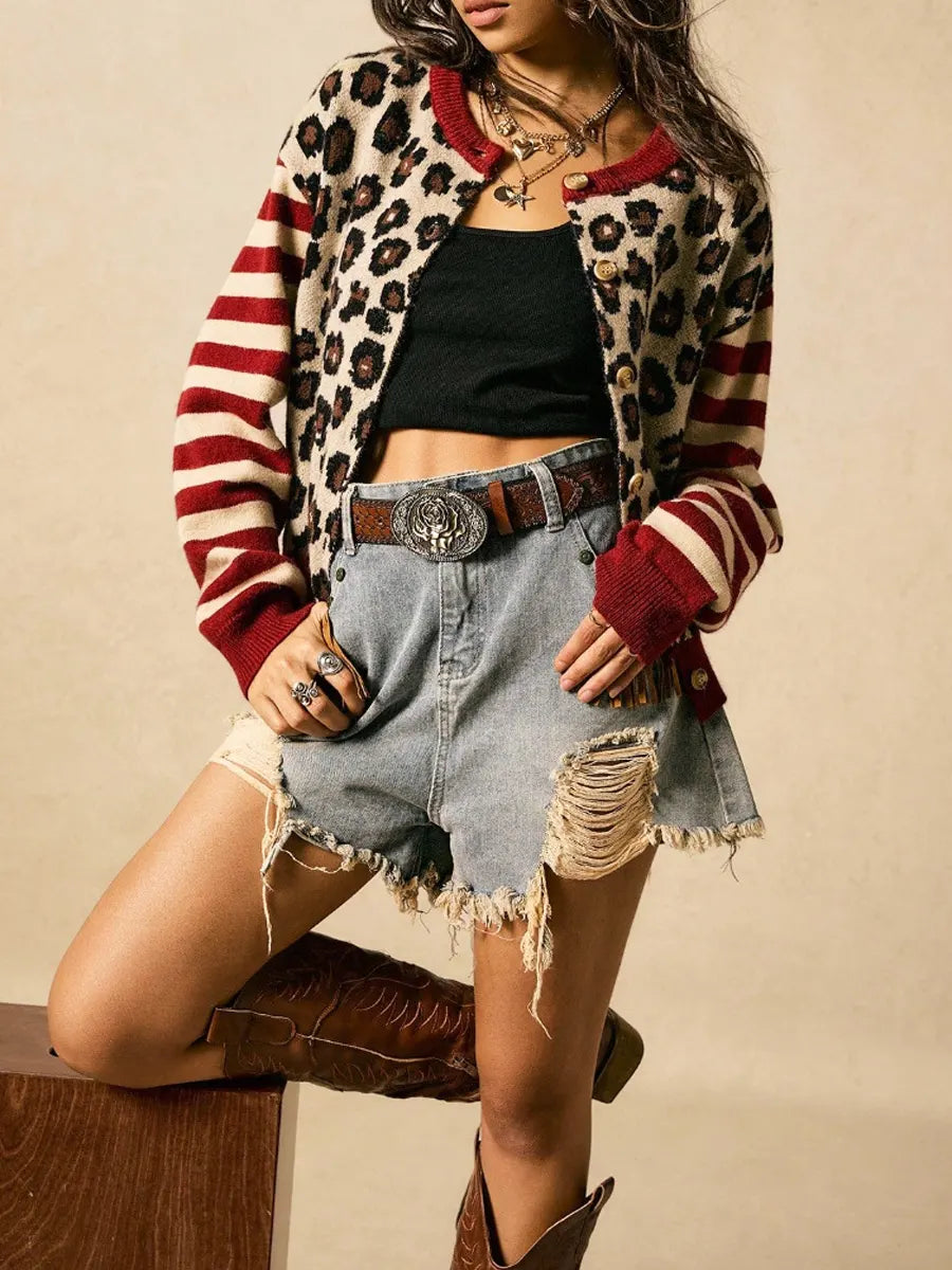 Retro Leopard Stripe Art Casual Stylish Long Sleeve Knitted Cardigan Sweater