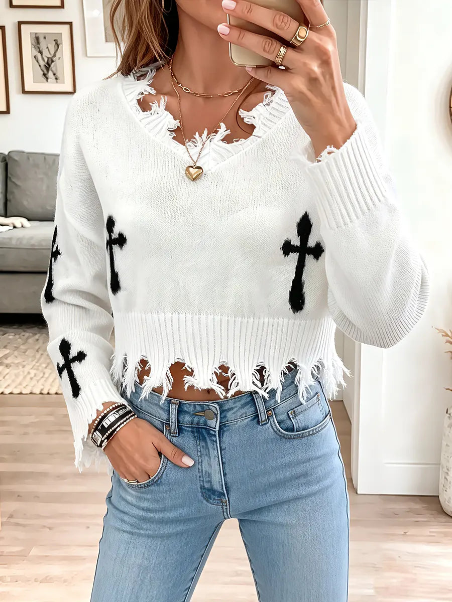 Vintage Elegant Halloween Jesus Cross Frayed Edges Sweater