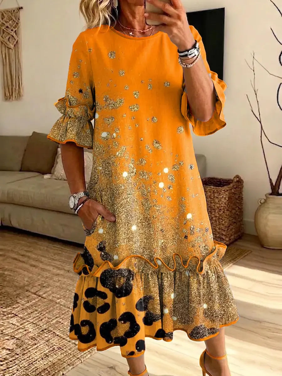 Retro Leopard Shiny Gradient Pattern Art Print Casual Ruffle Stylish Cotton Linen Dress