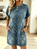 Retro Diamond Pattern Art Casual Stylish Short Sleeve Denim Mini Dress