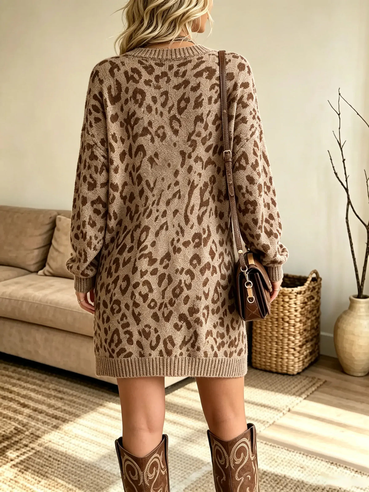 Women's V-Neck Leopard Sweater Dress