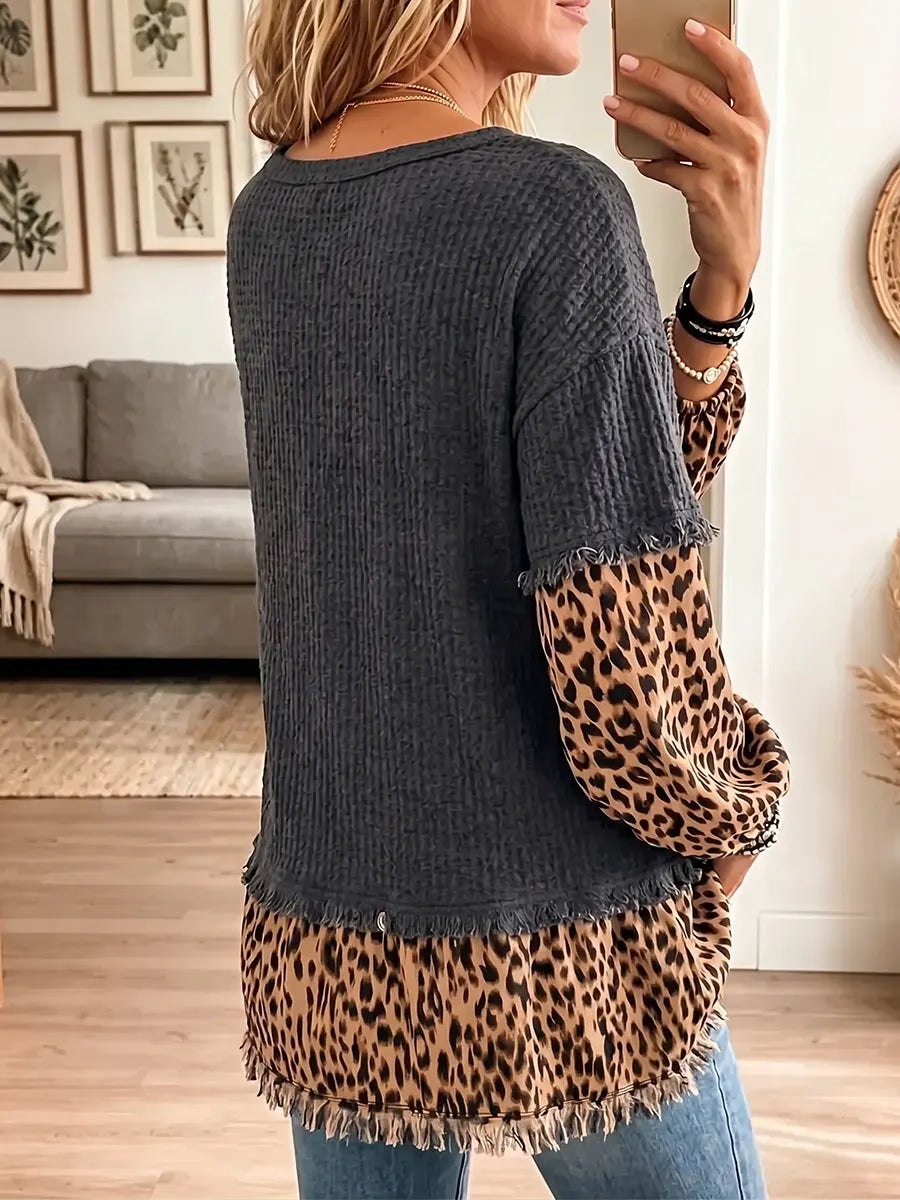 Vintage Elegant Waffle Patchwork Leopard Print Shirt