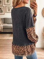 Vintage Elegant Waffle Patchwork Leopard Print Shirt