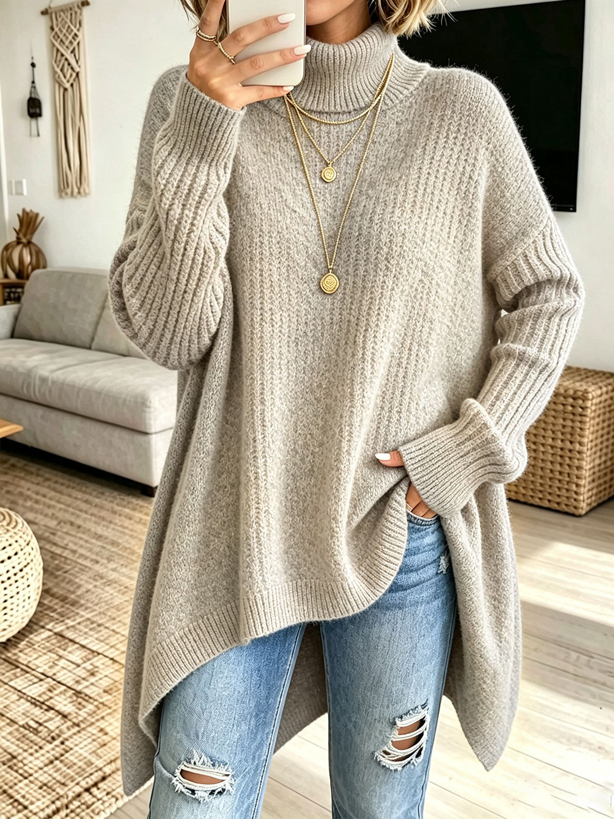 Women Oversized Turtleneck Asymmetric Hem Loose Knit Sweater