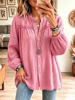 Retro Solid Color Art Casual Ruffle Stylish Long Sleeve Cotton Linen Shirt