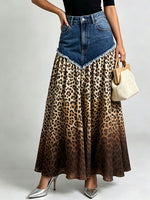 Denim Patchwork Gradient Leopard Print Fringe Maxi Skirt