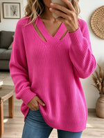 Women Hot Pink V Neck Double Cutout Oversized Chunky Knit Sweater