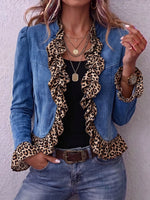 Vintage Elegant Denim Patchwork Leopard Print Ruffled Jacket