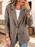 Women Vintage Plaid Notched Lapel Blazer, Wool‑Blend Single‑Breasted Casual Suit Jacket