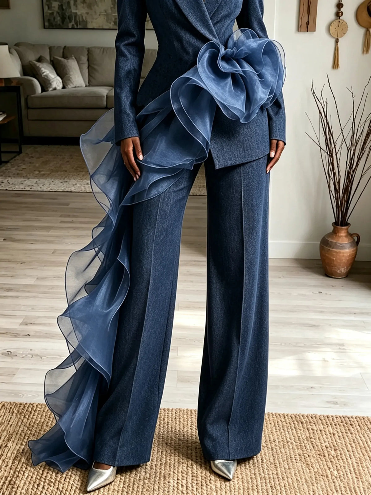 Women's 3D Organza Ruffle Denim Pant