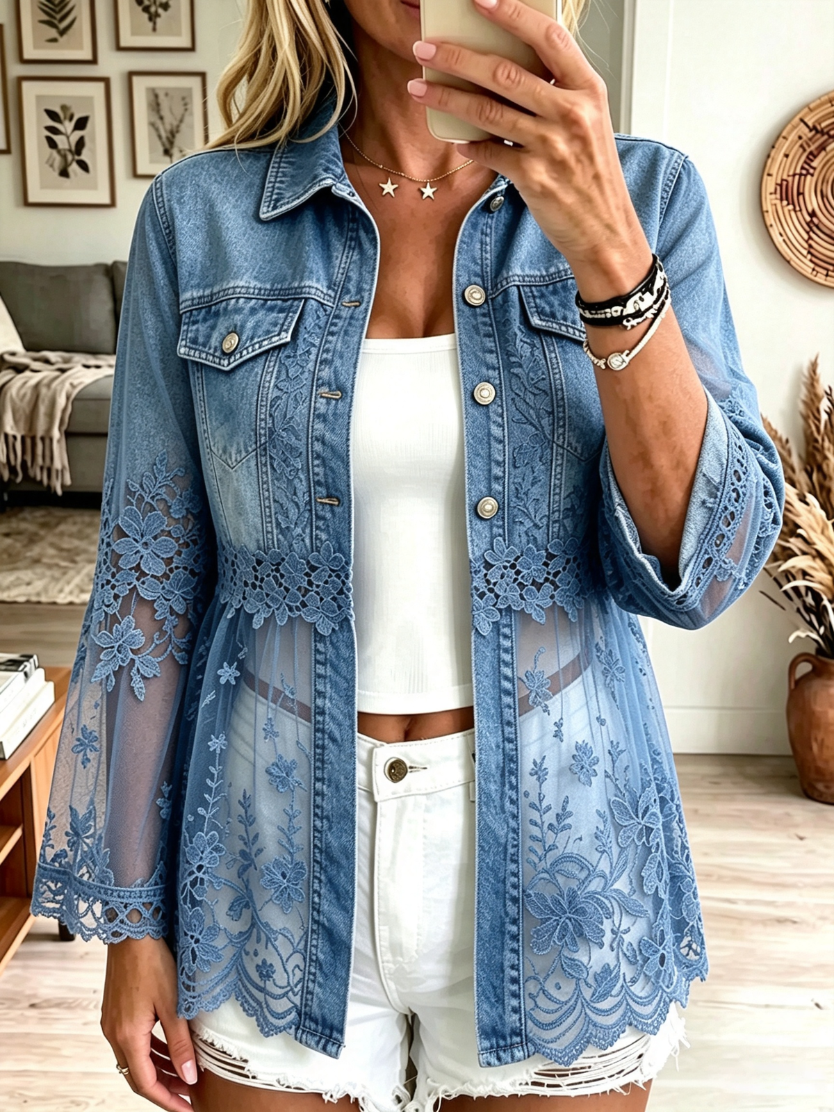 Women's Sheer Floral Lace Hem Denim Shirt Jacket
