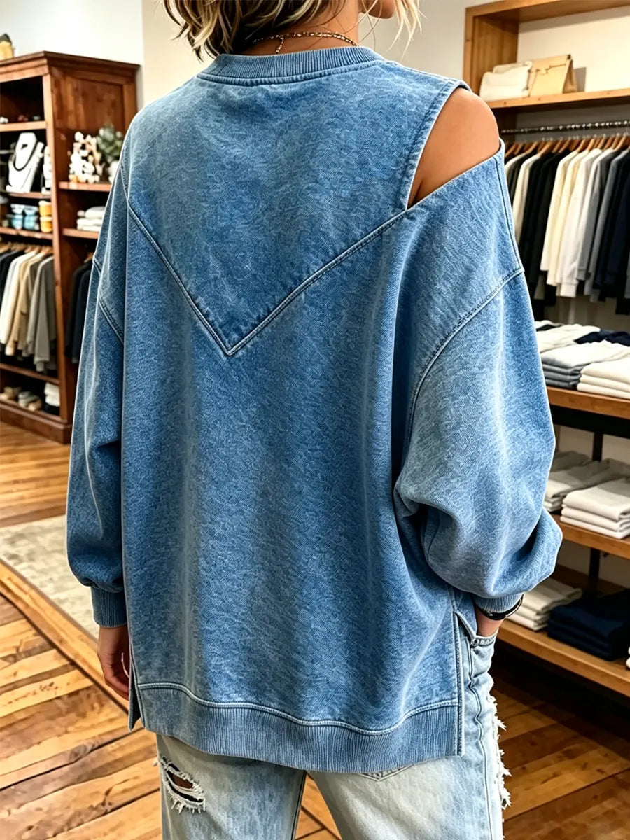 Retro V-neck Art Casual Stylish Long Sleeve Denim Sweatshirt