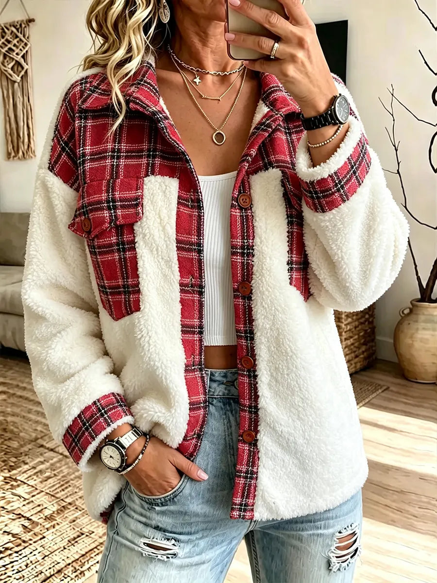 Women's Collared Plaid Print Fleece Patchwork Color-block Long-sleeve Coat