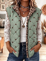 Vintage Elegant Leopard Print Patchwork Quilted Winter Jacket Vest