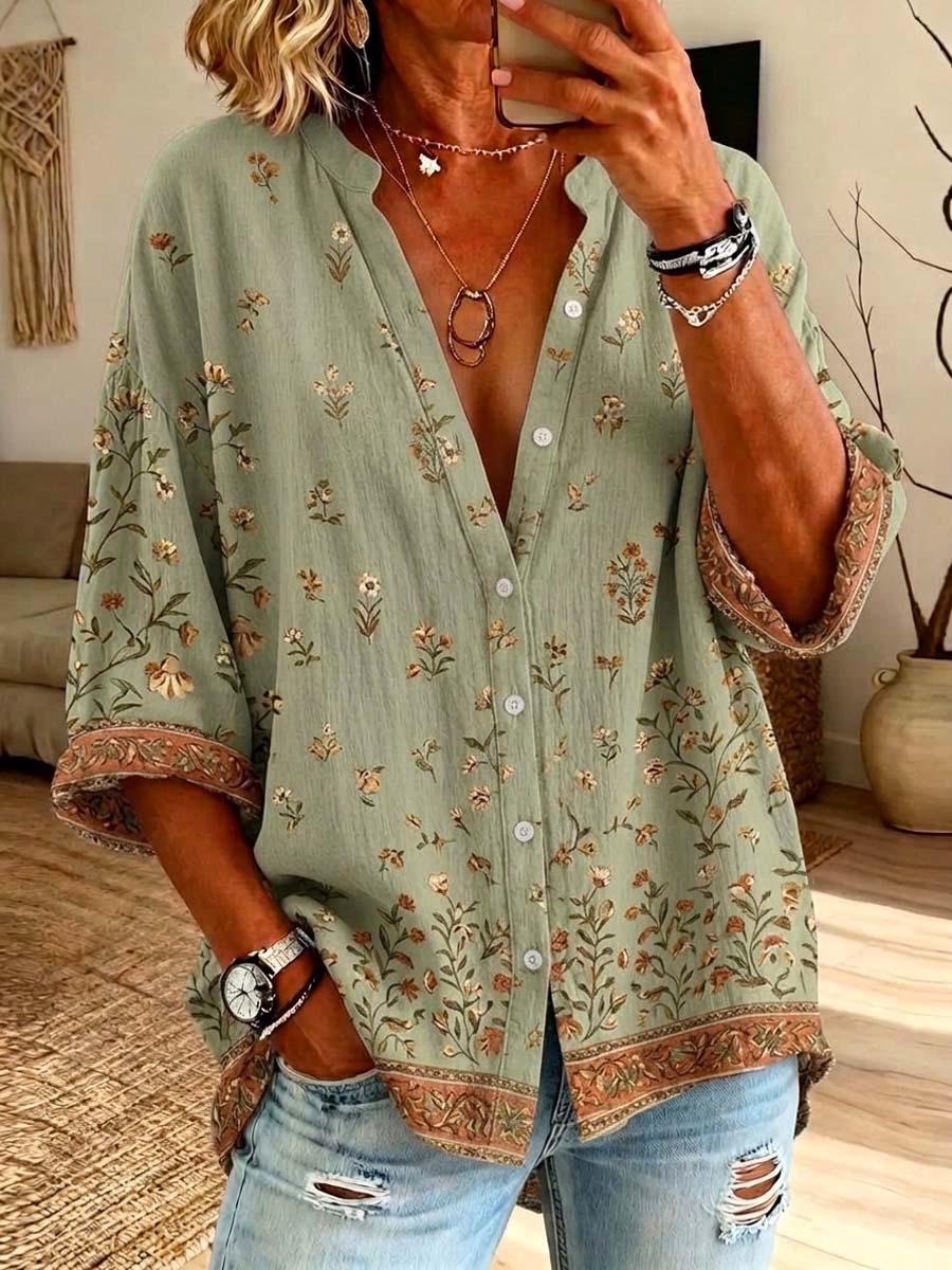 Retro Floral Pattern Art Print Casual Long Sleeve Cotton Linen Shirt