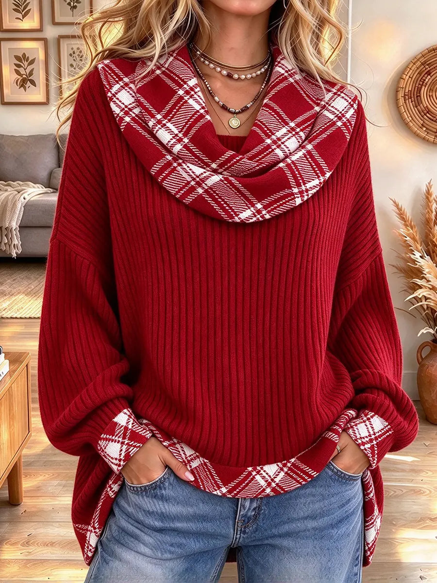 Women's Retro Red Plaid Print Turtleneck Long-sleeved Top