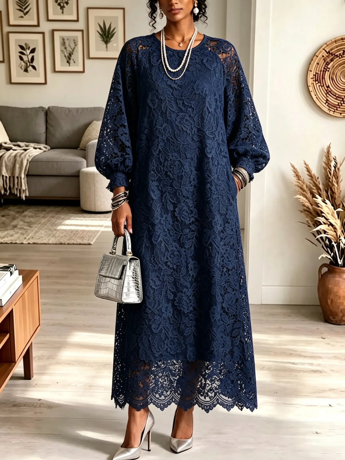 Women's Floral Lace Balloon Sleeve Maxi Dress