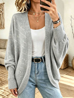 Women Open‑Front Batwing Sleeve Textured Knit Cardigan