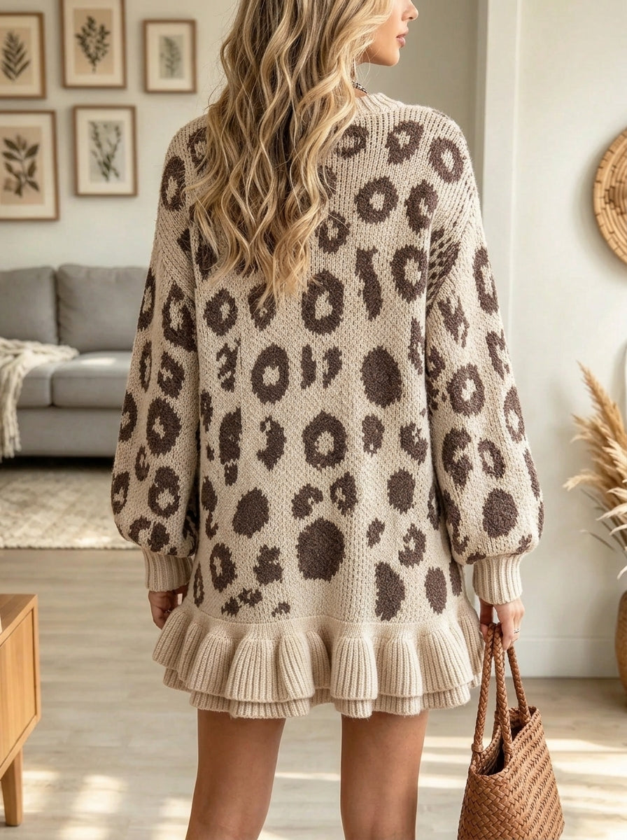 Women's Leopard Ruffle Hem Sweater Dress