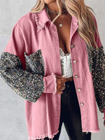 Women Sequin Patch Sleeve Fringed Shacket, Button‑Down Raw Edge Casual Oversized Jacket