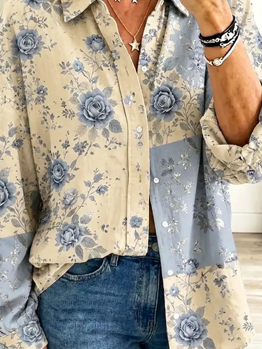 Retro Floral Pattern Art Print Casual Stylish Long Sleeve Cotton Linen Shirt