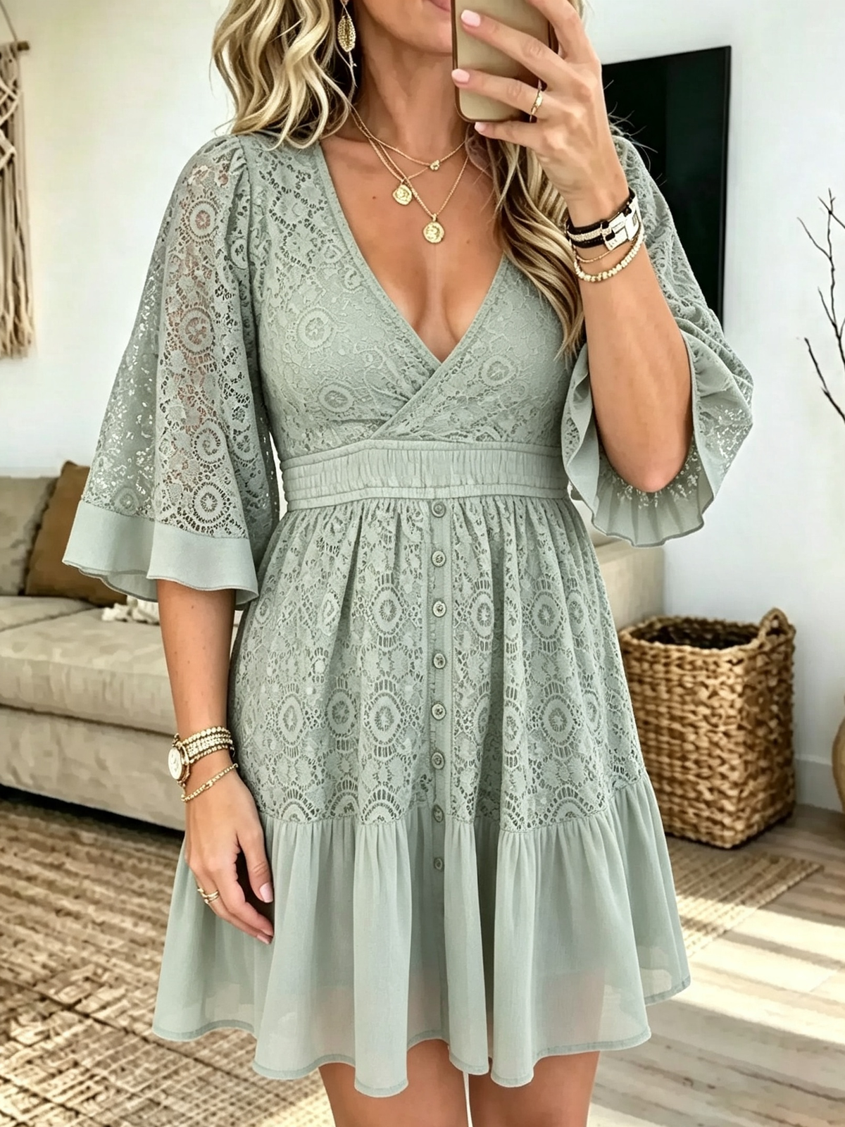 Women's Floral Lace V-Neck Mini Dress