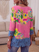 Vintage Elegant Pattern Print Patchwork Hollowed Out Lace Shirt