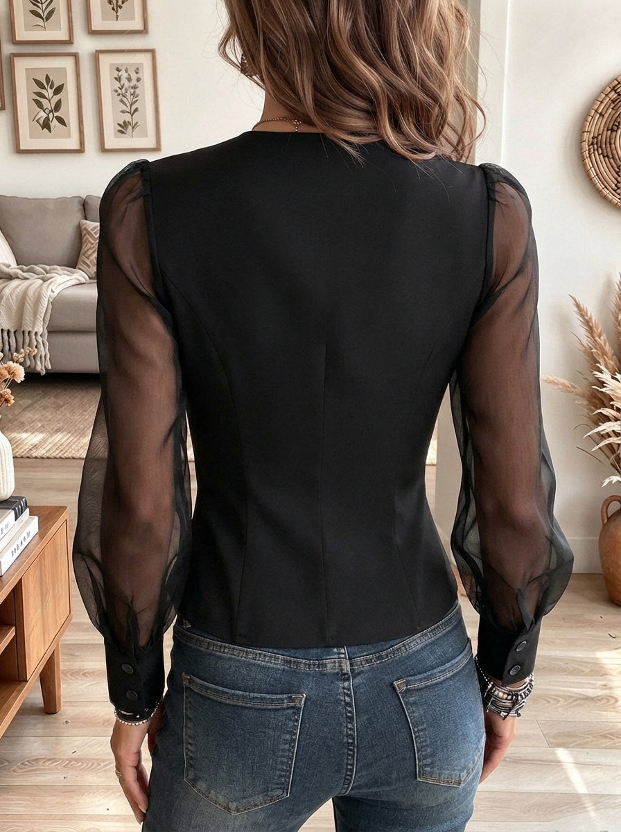 Women's Black Single-Breasted Peplum Top with Sheer Mesh Sleeves