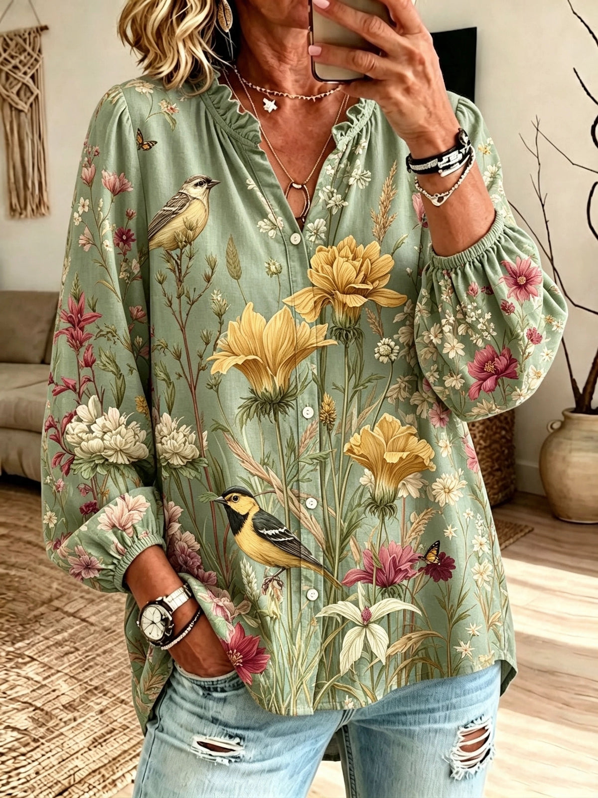 Women's Bird & Wildflower Printed Blouse