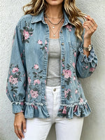 Women's Floral Print Ruffle Hem Denim Shirt