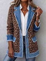 Women Leopard Print Denim Spliced Frayed Blazer Lapel Open Front Jacket With Pockets