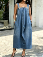 Women Rhinestone Buckle Strap Denim Midi Dress Loose Draped Sleeveless Overall Dress With Pockets