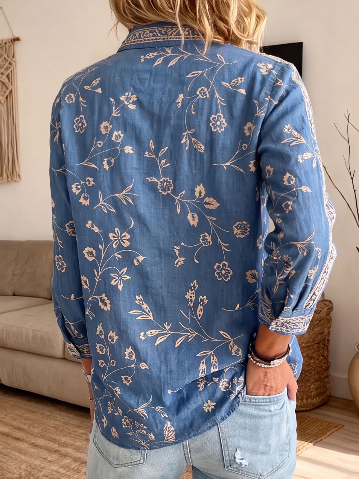 Women’s Collared Floral Print Embroidered Trim Loose Button Down Shirt