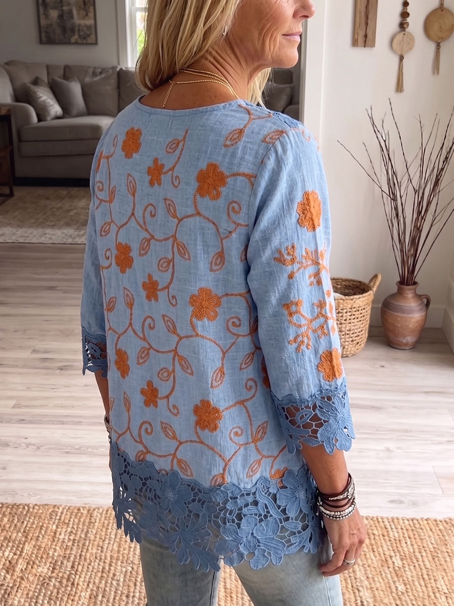 Vintage Elegant Pattern Print Patchwork Hollowed Out Lace Shirt