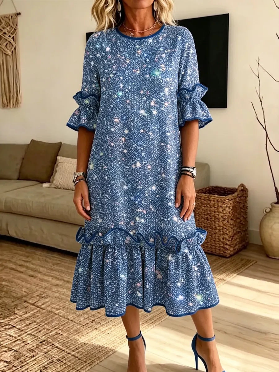 Retro Shiny Stars Pattern Art Print Casual Ruffle Stylish Cotton Linen Dress