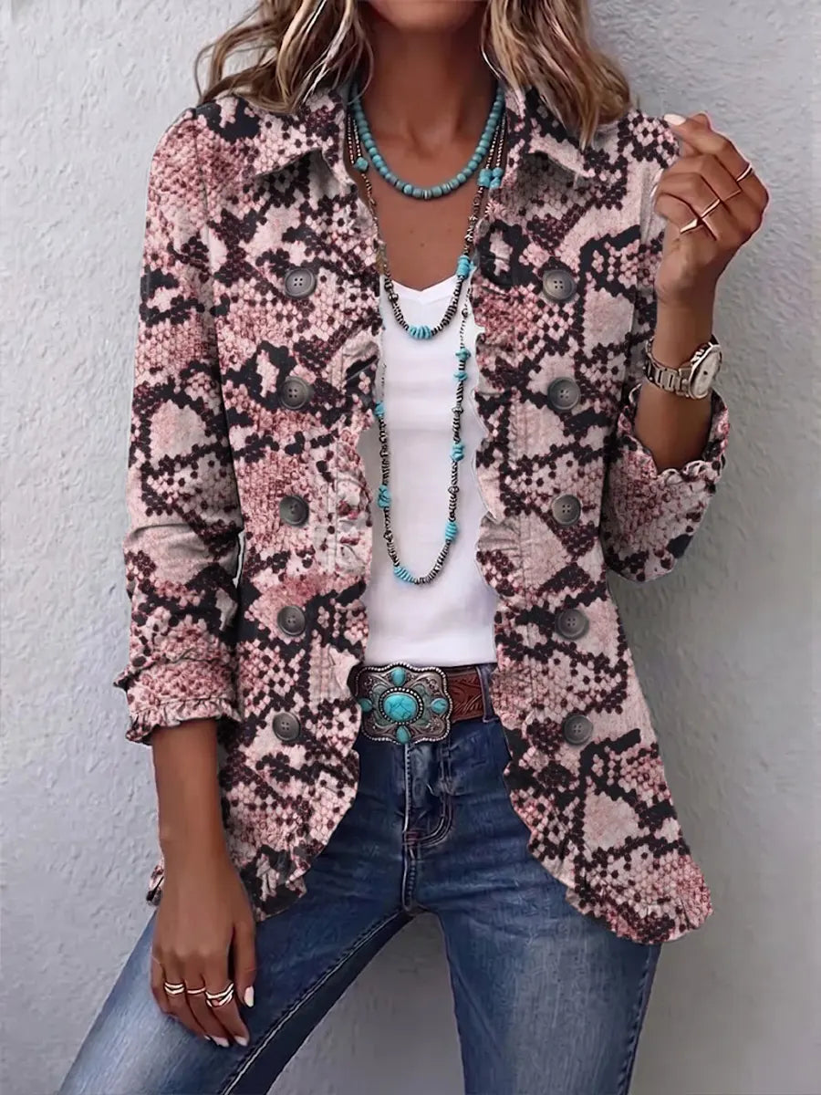 Retro Pattern Art Print Ruffle Casual Stylish Cotton Lapel Coat