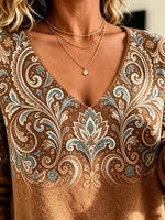 Women's Damask Print V-Neck Knit Sweater