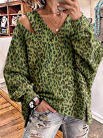 Retro Leopard Pattern Art Print Casual Stylish V Collar Long Sleeve Sweatshirt