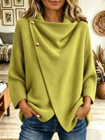 Women Green Asymmetric Cowl Neck Button Knit Wrap Sweater