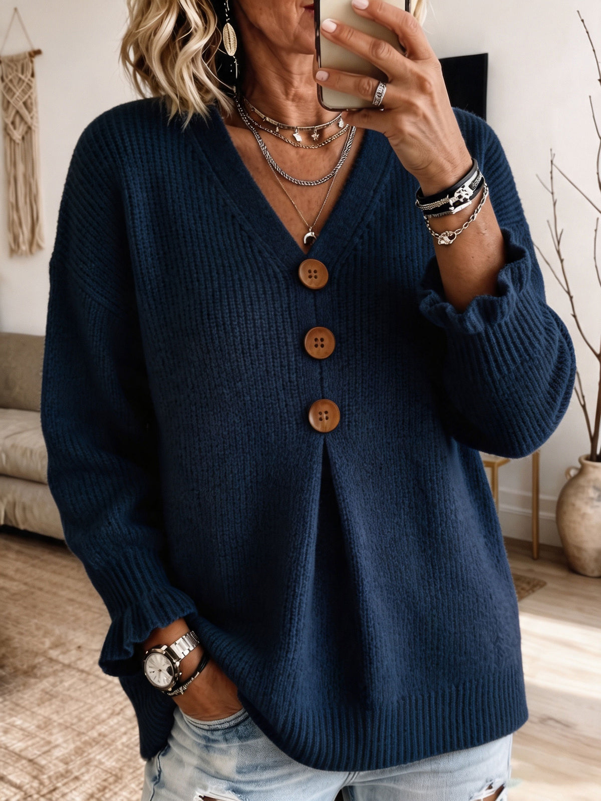 Mustard Yellow V‑Neck Big Button Ruffle Cuff Knit Sweater