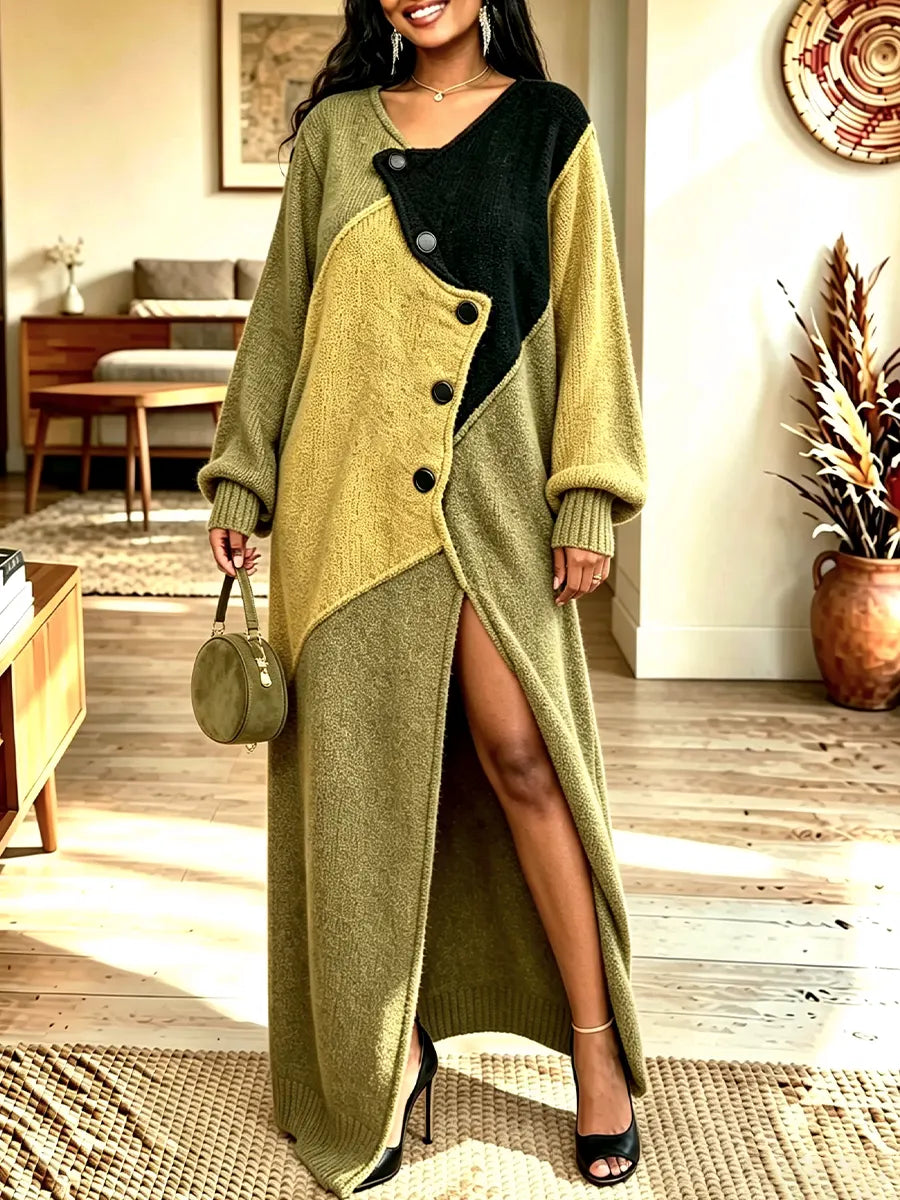 Women's Color-block Asymmetric Button Long-sleeve Slit Long Knit Dress