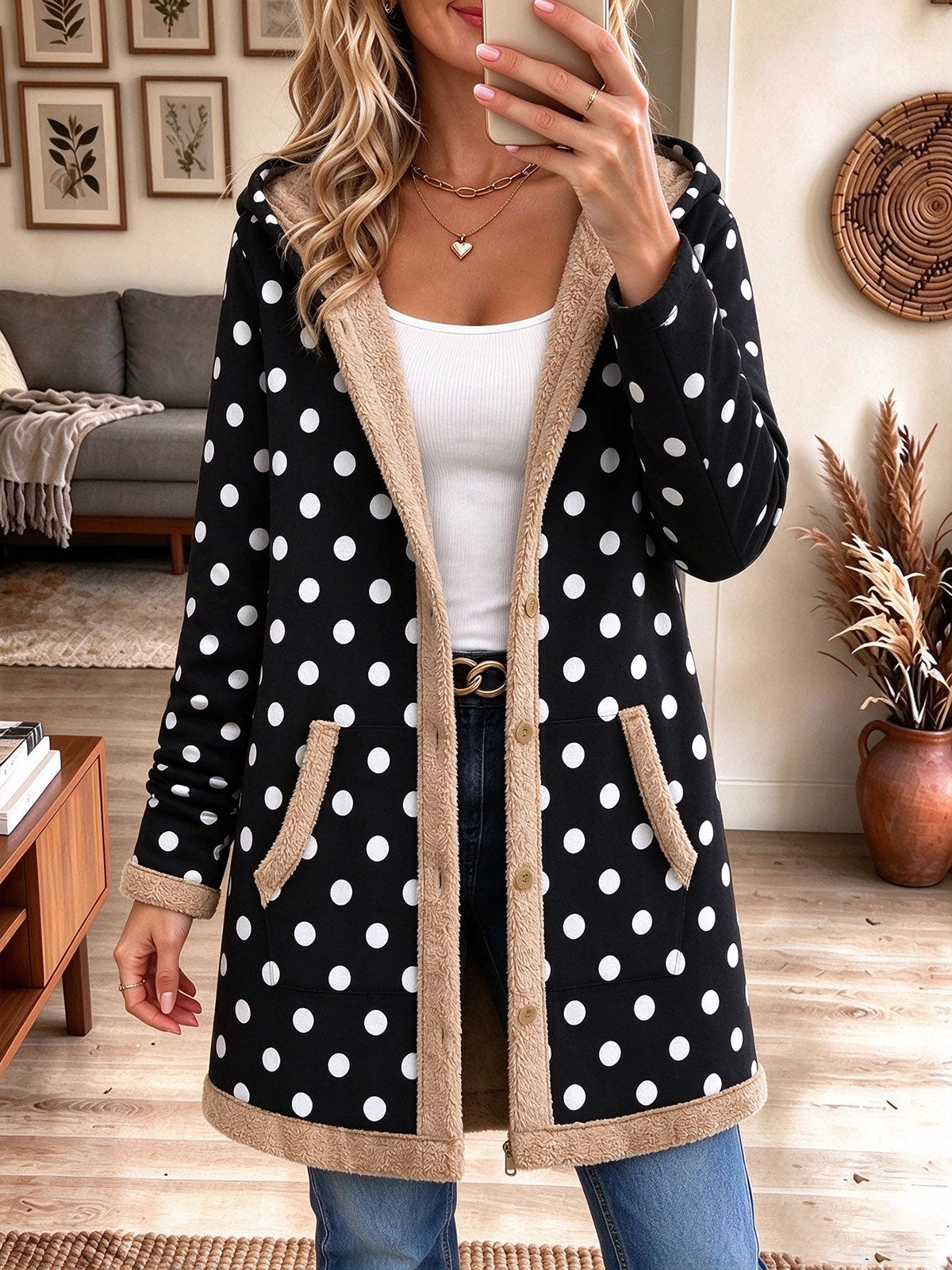 Women's Black Polka Dot Fleece-Lined Hooded Coat with Pockets