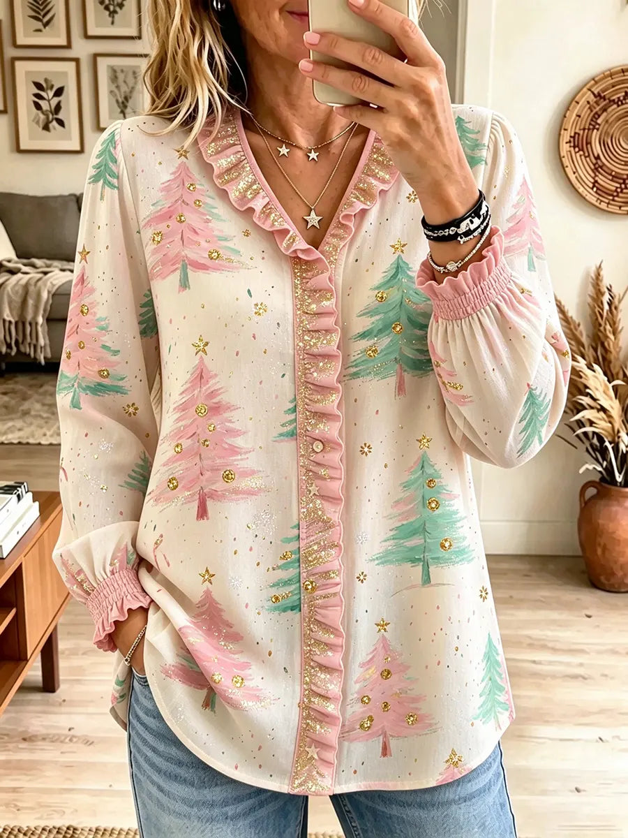 Women's Christmas Tree Print Ruffle Trim Long Sleeve V Neck Blouse