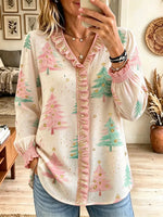 Women's Christmas Tree Print Ruffle Trim Long Sleeve V Neck Blouse